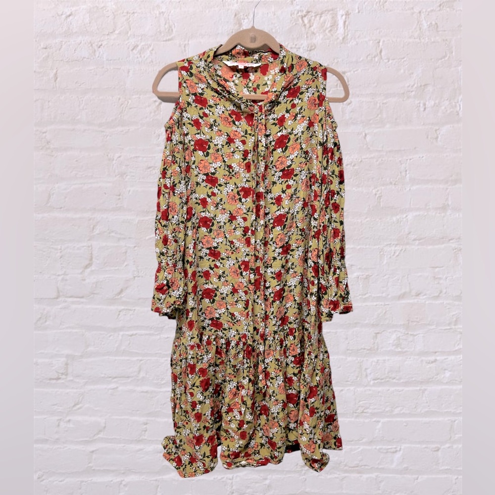 All about you Olive Green red Floral Print drop waist cold shoulder dress S